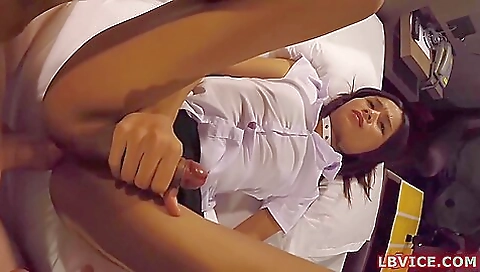 A skinny asian teen gets fucked in the ass and in pussy