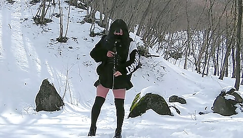 Busty asian in stockings has sex in public in snow