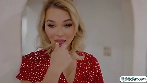 Blonde teen gets caught by a friend and rides her ass