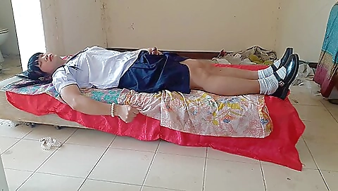 Bareback girl in uniform is doing some pose in public