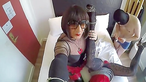 Horny blonde in a sexy outfit gets fucked in front of camera