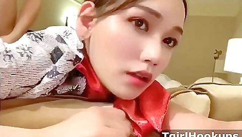 Chinese babe with big tits takes cock into her mouth and ass