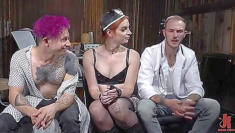 Blonde babe is fucked in the ass and pussy in a bdsm threesome