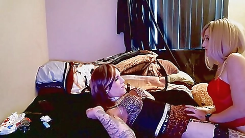 Blonde and brunette girl get fucked in the ass with a big dildo