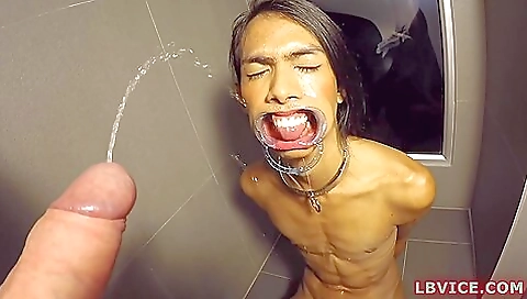 Busty brunette ladyboy pissing on pussy on pov video